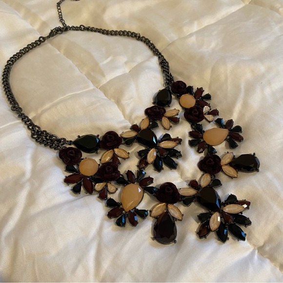 Black and Burgundy Gems With Burgundy Rosettes on Dark Chain Statement Necklace - Picture 7 of 8